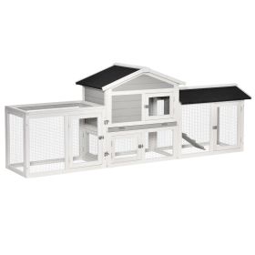 2 Tier Wooden Rabbit Hutch Small Pet House Bunny Run Cage with Pull Out Tray Ramps Lockable Doors Large Run Area Asphalt Roof for Outdoor Grey
