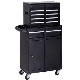 Tool Chest 2 in 1 Metal Tool Cabinet Storage Box with 5 Drawers Pegboard Wheels 60x28x104.5cm Black