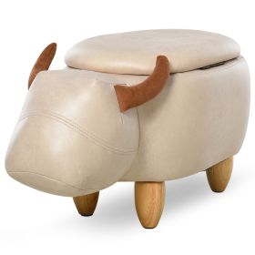 Animal footstool Buffalo Storage Stool Cute Kids Decoration Wood Frame Legs w/Padding Lid Ottoman Furniture Ivory