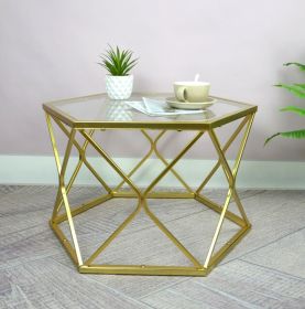 Hexagon Glass Coffee Table with Golden Metal Frame