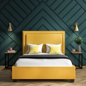 Yellow Velvet Ottoman Bed with Studded Headboard - 2 Sizes