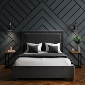Dark Grey Velvet Ottoman Bed with Studded Headboard - 2 Sizes