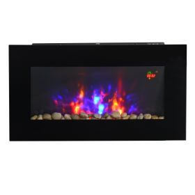1000W Wall Mounted Tempered Glass Electric Fireplace Heater Wall Fires Black