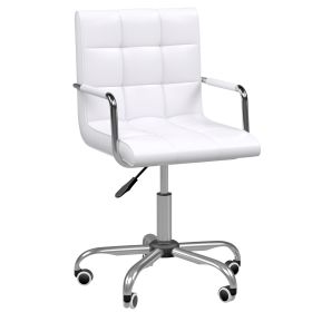 Mid Back PU Leather Home Office Desk Chair Swivel Computer Chair with Arm, Wheels, Adjustable Height, White