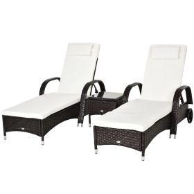 3 Pieces Patio Lounge Chair Set, Garden Wicker Wheeling Recliner Outdoor Daybed, PE Rattan Lounge Chairs w/Cushions & Side Coffee Table Brown