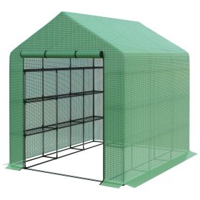 Poly Tunnel Steeple Walk in Garden Greenhouse with Removable Cover Shelves - Green 244 x 180 x 210cm