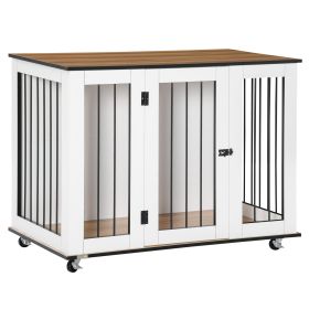 Dog Cage End Table with Five Wheels, Dog Crate Furniture for Large Sized Dogs, with Front Door Latch, Indoor Use, White