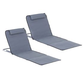 Set of 2 Foldable Garden Beach Chair Mat Lightweight Outdoor Sun Lounger Seats Adjustable Back Metal Frame PE Fabric Head Pillow, Grey