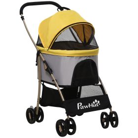 Detachable Pet Stroller, 3-In-1 Dog Cat Travel Carriage, Foldable Carrying Bag with Universal Wheel Brake Canopy Basket Storage Bag, Yellow