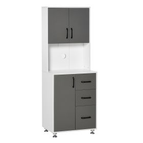 Modern Kitchen Cupboard with Storage Cabinets, 3 Drawers and Open Countertop for Living Room, Grey