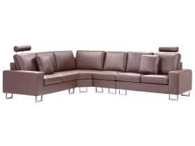 Corner Sofa Brown Leather Upholstery 6 Seater Right Hand L-Shape with Adjustable Headrests 