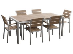 Garden Dining Set Brown Rectangular Table Chairs Outdoor 6 Seater Plastic Wood Top Aluminium Frame 