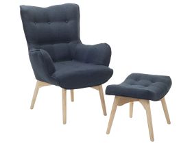 Wingback Chair with Ottoman Dark Blue Fabric Buttoned Retro Style 