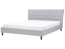 Slatted Bed Frame Grey Polyester Fabric Upholstered Wooden Legs Tufted Headboard 6ft EU Super King Size Modern Design 