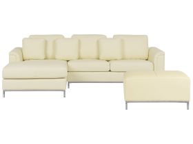 Corner Sofa Beige Leather Upholstered with Ottoman L-shaped Right Hand Orientation 