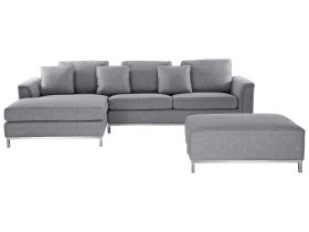 Corner Sofa Grey Fabric Upholstered with Ottoman L-shaped Right Hand Orientation 