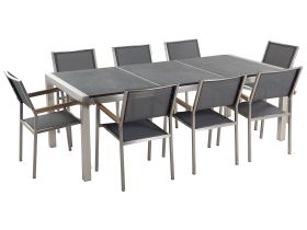 Garden Dining Set Grey with Flamed Granite Table Top 8 Seats 220 x 100 cm 