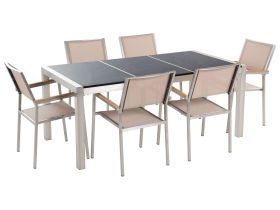 Garden Dining Set Beige with Black Granite Table Top 6 Seats 180 x 90 cm Triple Plate 