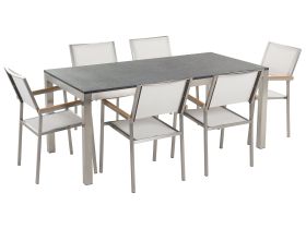 Garden Dining Set White with Black Granite Table Top 6 Seats 180 x 90 cm 