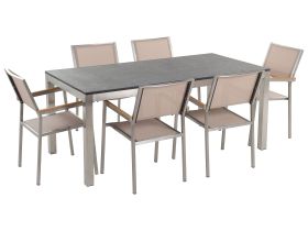 Garden Dining Set Beige with Flamed Granite Table Top 6 Seats 180 x 90 cm 