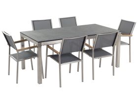 Garden Dining Set Grey with Flamed Granite Table Top 6 Seats 180 x 90 cm 