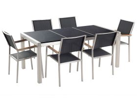 Garden Dining Set Black with Black Granite Table Top 6 Seats 180 x 90 cm Triple Plate 