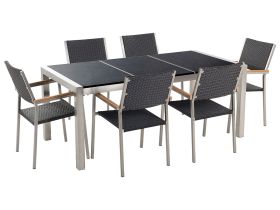 Garden Dining Set Black with Black Granite Table Top Rattan Chairs 6 Seats 180 x 90 cm Triple Plate 