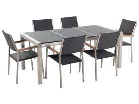 Garden Dining Set Black with Black Basalt Table Top Rattan Chairs 6 Seats 180 x 90 cm 