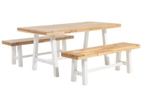 Garden Dining Set Light Wood Top White Legs Outdoor 3 Pieces Acacia Wood Rectangular Table 2 Benches 