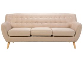 3 Seater Sofa Beige Upholstered Tufted Back Thickly Padded Light Wood Legs Scandinavian Minimalistic Living Room 