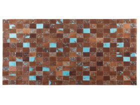 Rug Brown and Blue Leather 80 x 150 cm Cowhide Hand Crafted 