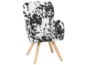 Lounge Chair Black and White Fabric Upholstery Cow Print Modern Club Chair with Armrests  Wooden Legs 