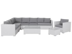 Garden Corner Sofa Set White Faux Rattan White Cushions 8 Seater with Armchair Table and Ottoman Wicker Conversation Set 