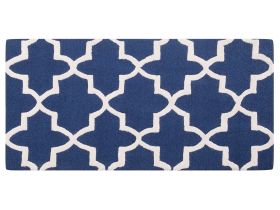 Area Rug Blue Wool 80 x 150 cm Trellis Quatrefoil Pattern Hand Tufted Oriental Moroccan Clover 