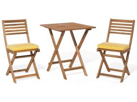 3 Piece Bistro Set Light Solid Acacia Wood Yellow Cushions Folding Slatted Design Scandinavian Modern 