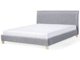 Bed Frame Grey Fabric Upholstery Wooden Legs EU Super King Size 6ft Slatted with Headboard Minimalistic Scandinavian Style 