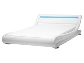Platform Bed Frame White Faux Leather Upholstered LED Illuminated Headboard 5ft3 EU King Size Sleigh Design 