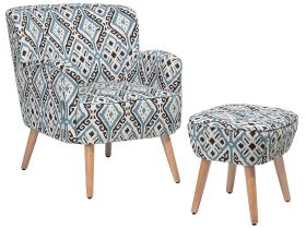 Armchair Multicolour Fabric Upholstery Footstool Wooden Legs Ikat Pattern Retro Boho Living Room 