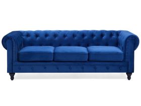 Chesterfield Sofa Blue Velvet Fabric Upholstery Black Legs 3 Seater Contemporary 