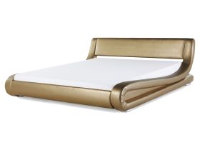 Platform Waterbed Gold Genuine Leather Upholstered with Mattress and Accessories 5ft3 EU King Size Sleigh Design 