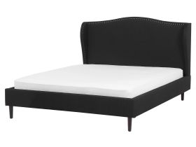 Bed Frame Black Fabric Upholstery Dark Wood Legs King Size 5ft3 Retro 