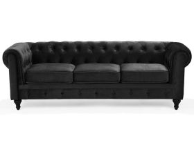 Chesterfield Sofa Black Velvet Fabric Upholstery Dark Wood Legs 3 Seater Contemporary 