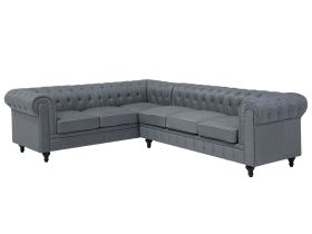 Chesterfield Right Hand Fabric Corner Sofa Grey Fabric Upholstery Dark Wood Legs Chaise 6 Seater Contemporary 