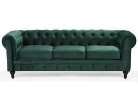 Chesterfield Sofa Green Velvet Fabric Upholstery Dark Wood Legs 3 Seater Contemporary 