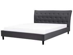 Slatted Bed Frame Dark Grey Polyester Fabric Upholstered Wooden Legs Tufted Headboard 6ft EU Super King Size Modern Design 