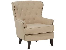 Armchair Wingback Chair Beige Button Tufted Back Black Legs Nailhead Trim Elegant Chesterfield Style Living Room 