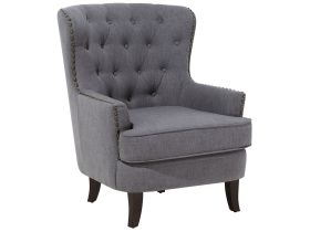 Armchair Wingback Chair Dark Grey Button Tufted Back Black Legs Nailhead Trim Elegant Chesterfield Style Living Room 