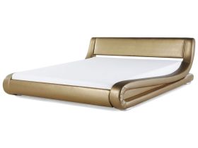 Platform Waterbed Gold Genuine Leather Upholstered with Mattress and Accessories 6ft EU Super King Size Sleigh Design 