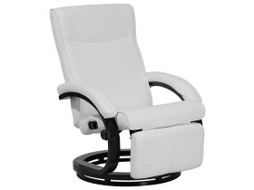 Reclining Armchair White Faux Leather Adjustable Back Wooden Base Pull-Out Footstool High Back Modern Design 