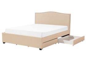 Bed Frame Beige Polyester Upholstered Drawer Storage 5ft3 EU King Size Traditional Design 